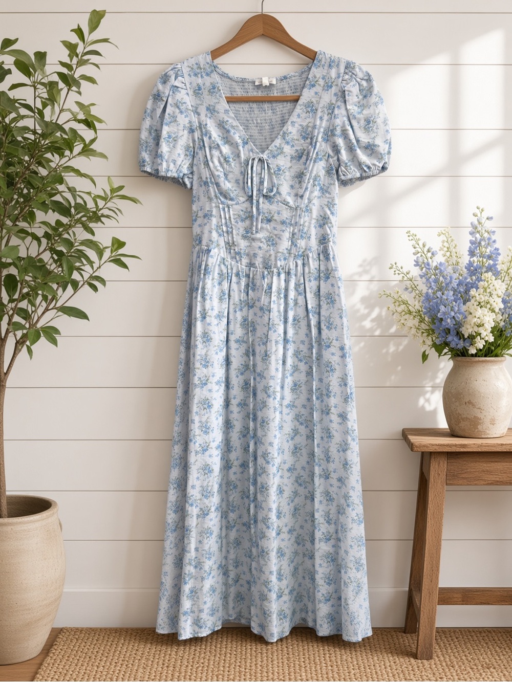 Floral Puff Sleeve V Neck Corset Detail Midi Dress Large